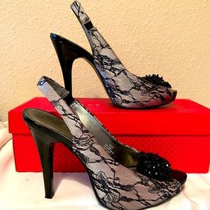 Black Lace Slingback Pumps with Peeptoe and Bead Detail